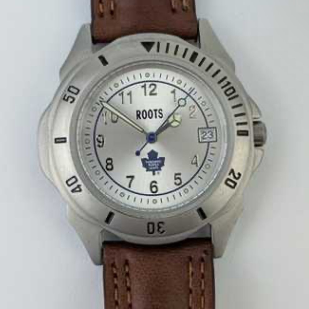 Roots Silver Watch with Brown Leather Band
